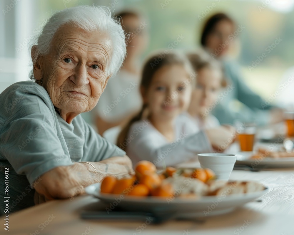 An elderly person enjoying a meal with a large supportive family showing a positive outcome from addressing the issues of elderly poverty and promoting family support An elderly person enjoying a meal with a large supportive family showing a positive outcome from addressing the issues of elderly poverty and promoting family support