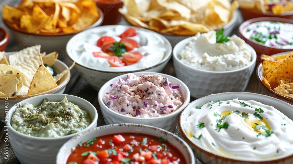 A table with various bowls of dips, perfect for a party or snack A table with various bowls of dips, perfect for a party or snack
