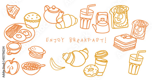 Breakfast hand drawn ingredients vector set. Crunches. Morning meal menu design. Collection of dishes for breakfast and brunch. Sketch. Fresh vegetables, cheese, scrambled eggs, bacon, coffee.