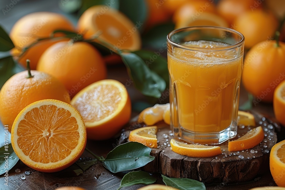 A glass of freshly squeezed orange juice surrounded by whole oranges and orange slices. 
