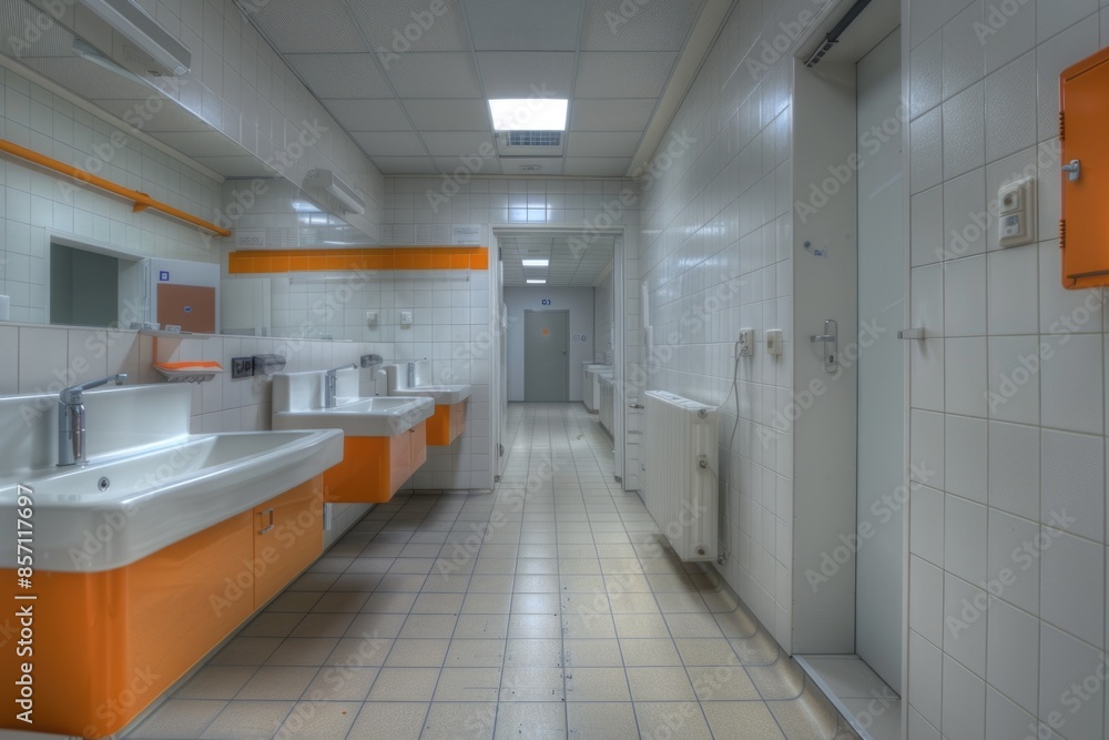 A photograph of a public bathroom with orange and white fixtures A photograph of a public bathroom with orange and white fixtures