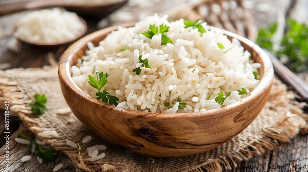 Delicious Homemade Rice Dish Served in Wooden Bowl with Herbs Delicious Homemade Rice Dish Served in Wooden Bowl with Herbs