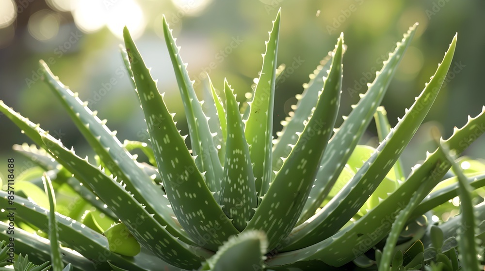 Fototapeta premium Aloe Vera Succulent Plant with Healthy Green Leaves in Nature Garden Closeup
