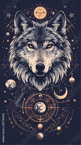 A detailed illustration of a wolf's face with celestial elements, including planets and stars, arranged symmetrically around it. The design merges the mystic essence of the wolf with cosmic themes.