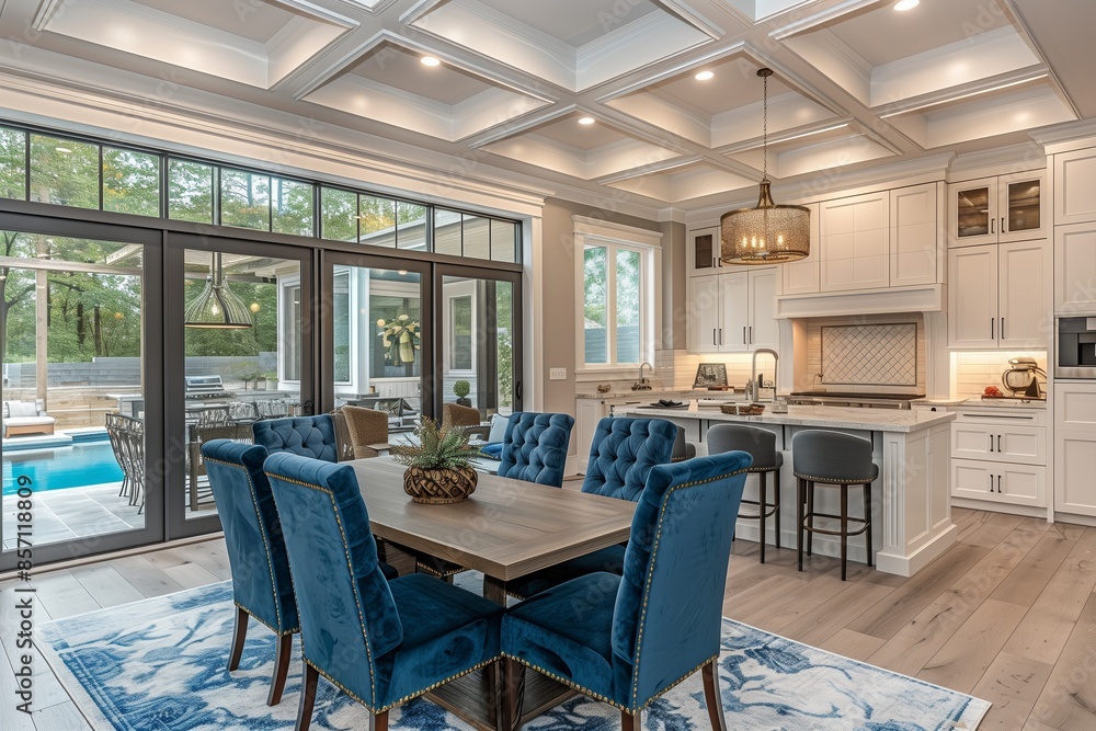 Modern Dining Room With Pool View And Coffered Ceiling Modern Dining Room With Pool View And Coffered Ceiling