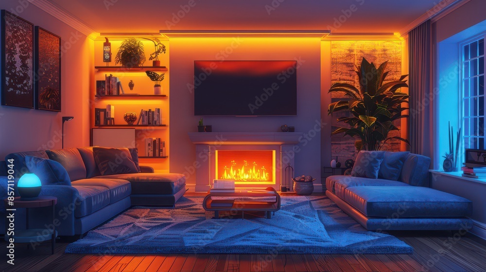 A cozy family room with a sectional sofa, a large TV, and a fireplace, illustration background A cozy family room with a sectional sofa, a large TV, and a fireplace, illustration background