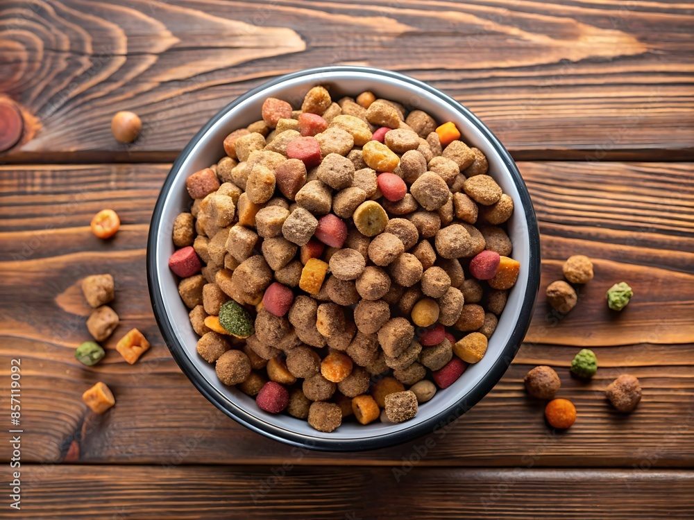 Dog Food in Bowl on Wooden Background. Dog Food in Bowl on Wooden Background.