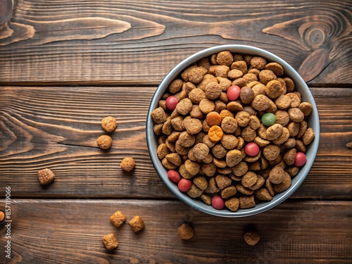 Dry Dog Food in a Bowl on a Wooden Table. photo