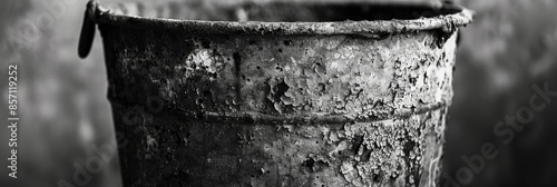 A rusty metal bucket its oncesmooth surface now rough and textured with layers of rust. Black and white art photo