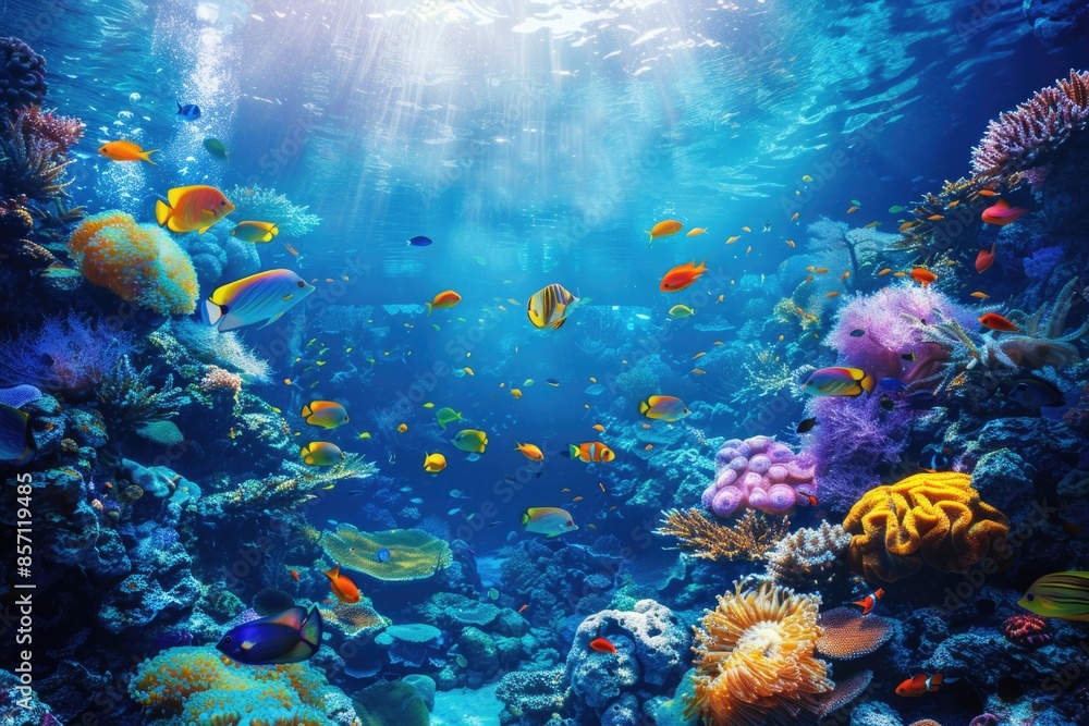 Fototapeta premium Group of fish swimming together near coral reef