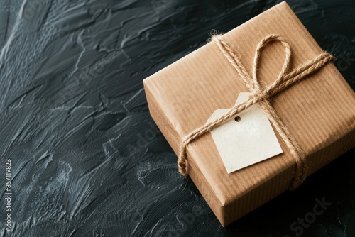 A simple brown gift box tied with twine and a blank tag on a dark background.