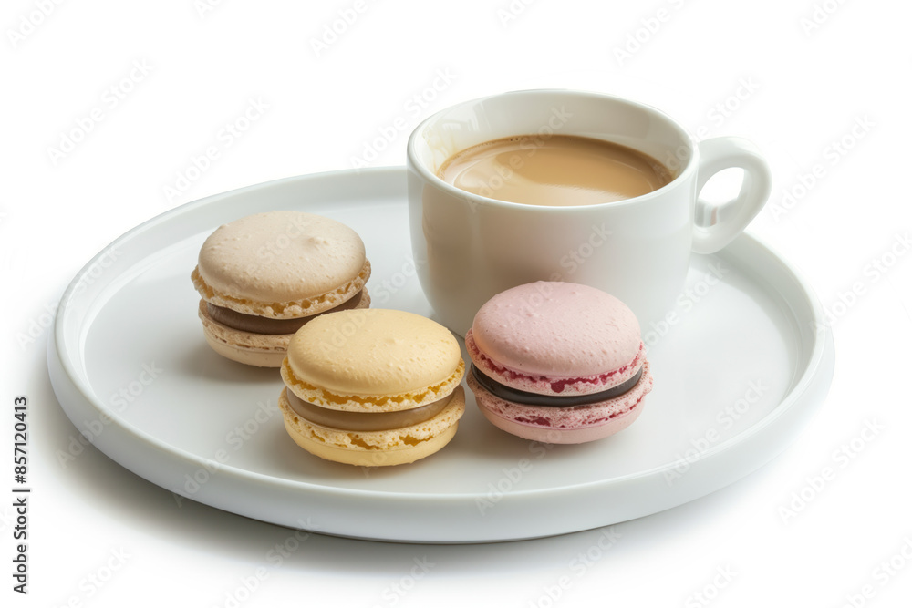 Macarons and coffee on a plate isolated on a white background. Created with Generative AI technology. Macarons and coffee on a plate isolated on a white background. Created with Generative AI technology.