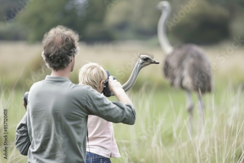 Family Birdwatching Adventure: Observing an Ostrich in a Safari Park, Showcasing a Young Boy and a Man Engaged in Wildlife Observation During Daytime photo