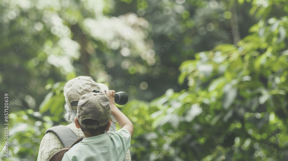 Multi-Generational Family Bird Watching Together in a Green Lush Park Dotted with Vibrant Foliage Multi-Generational Family Bird Watching Together in a Green Lush Park Dotted with Vibrant Foliage