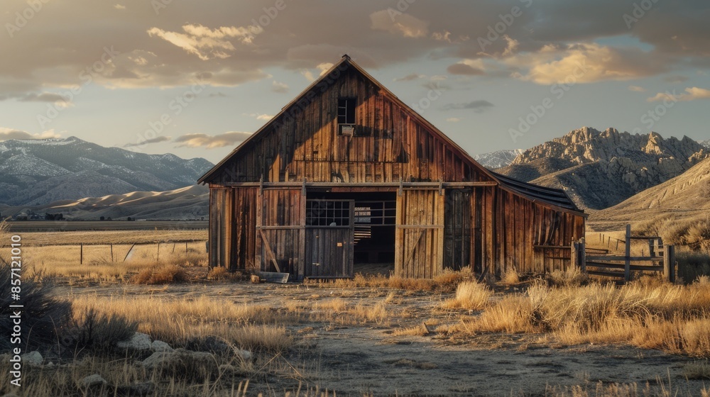 Obraz premium Rustic farmhouse with a mountainous backdrop