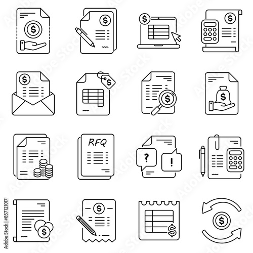 Request for quotation, request for proposal, enquiry, price offer, quote, tender, vector icon set