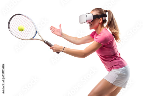 Young women Virtual reality tennis isolated on white background