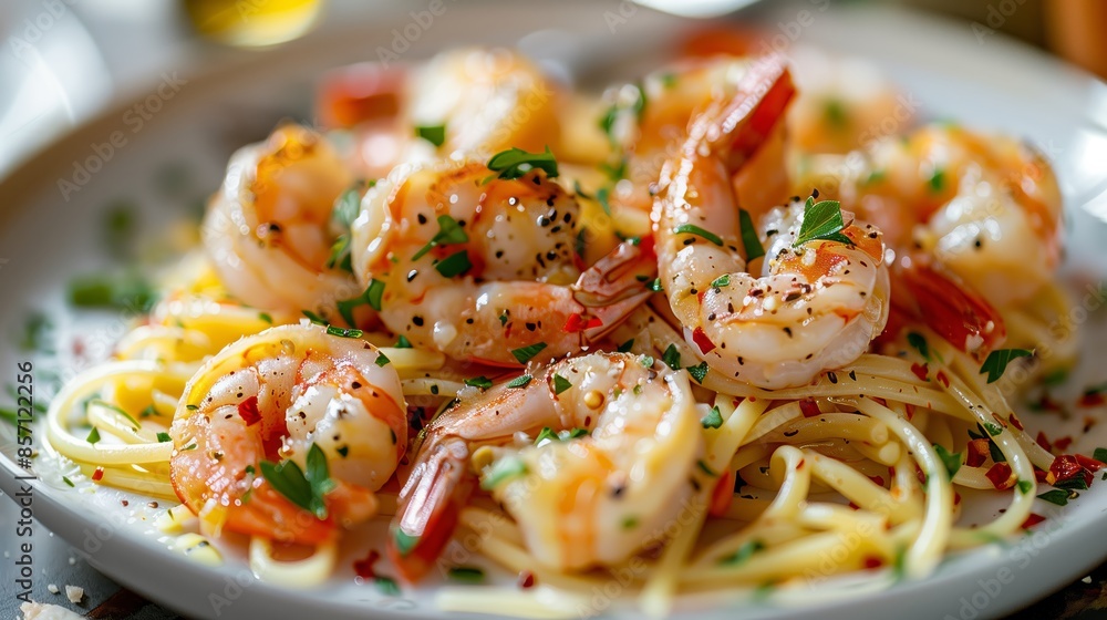 Close-Up of Shrimp Scampi Over Pasta with Garlic Butter Sauce Close-Up of Shrimp Scampi Over Pasta with Garlic Butter Sauce