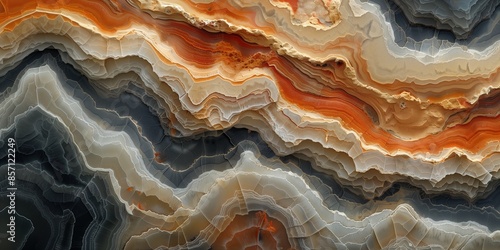 A close-up view of a natural agate stone reveals intricate layers of orange, brown, and gray mineral deposits, forming unique patterns