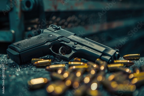 A gun placed on a table surrounded by empty bullet casings, often used in crime scene or investigation settings