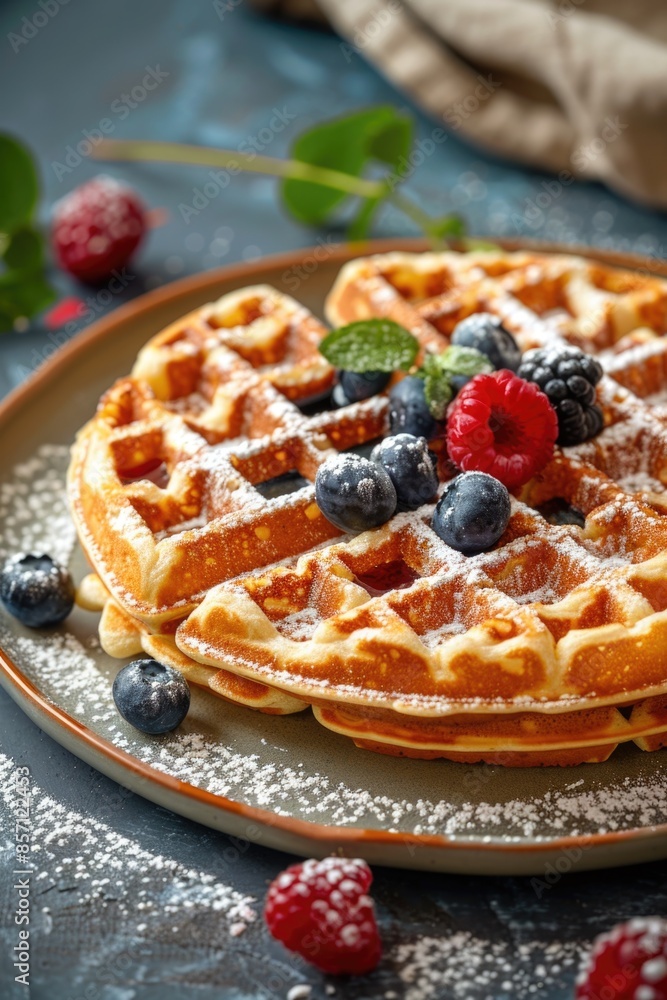 A delicious breakfast or brunch dish featuring a plate of crispy waffles topped with fresh berries and powdered sugar A delicious breakfast or brunch dish featuring a plate of crispy waffles topped with fresh berries and powdered sugar