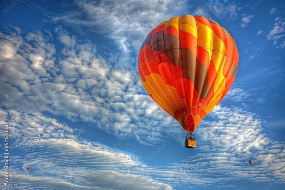 Fototapeta premium Aerial photography of a hot air balloon soaring above the clouds, with a bright blue sky in the background