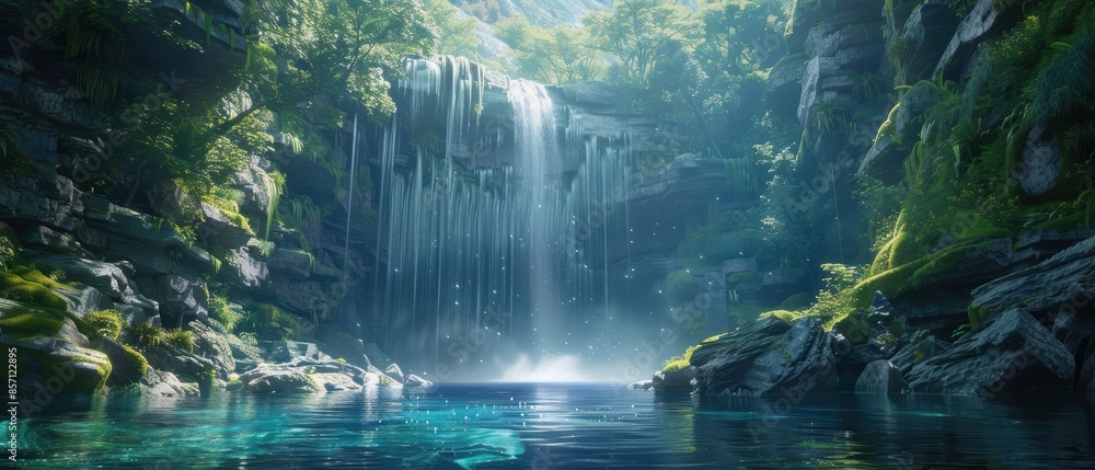 Tranquil Waterfall in Lush Rainforest. Tranquil Waterfall in Lush Rainforest.