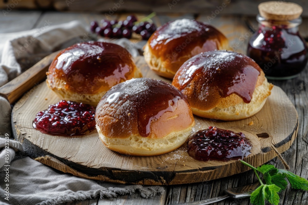 A wooden cutting board topped with three rolls of sweet jam, perfect for serving at a brunch or as a decorative centerpiece A wooden cutting board topped with three rolls of sweet jam, perfect for serving at a brunch or as a decorative centerpiece