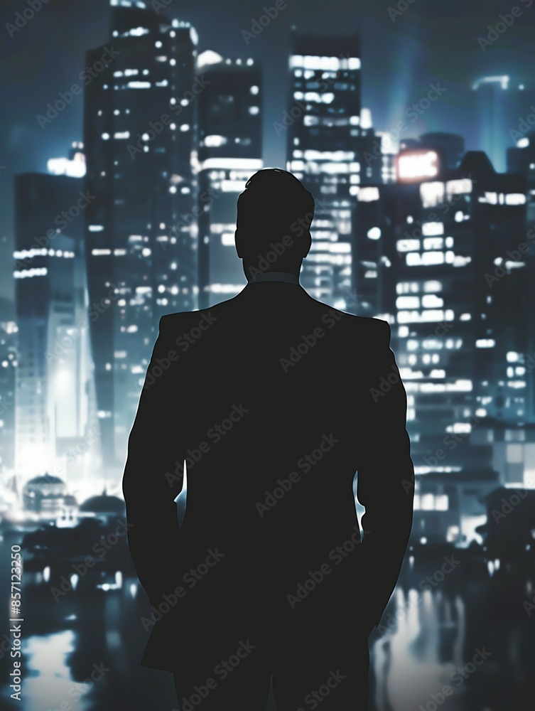Silhouette of a person in a business suit, city skyline, Human Silhouette, Professionalism and ambition Silhouette of a person in a business suit, city skyline, Human Silhouette, Professionalism and ambition
