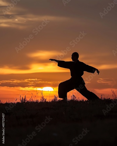 Silhouette of a person practicing martial arts, dynamic movement, Human Silhouette, Discipline and skill