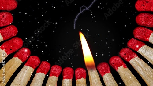 3d animation of matches in space, with lightning, counting how many matches left to light, to avoid the ultimate darkness of the universe photo