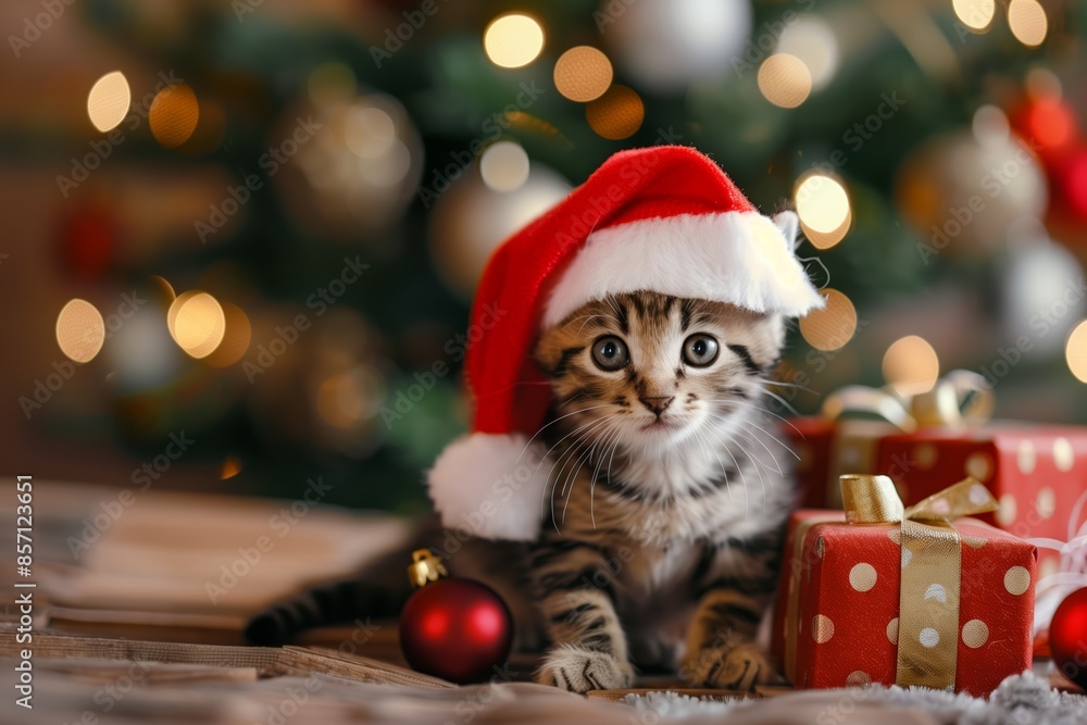 cute christmas kitten under christmas tree cute christmas kitten under christmas tree