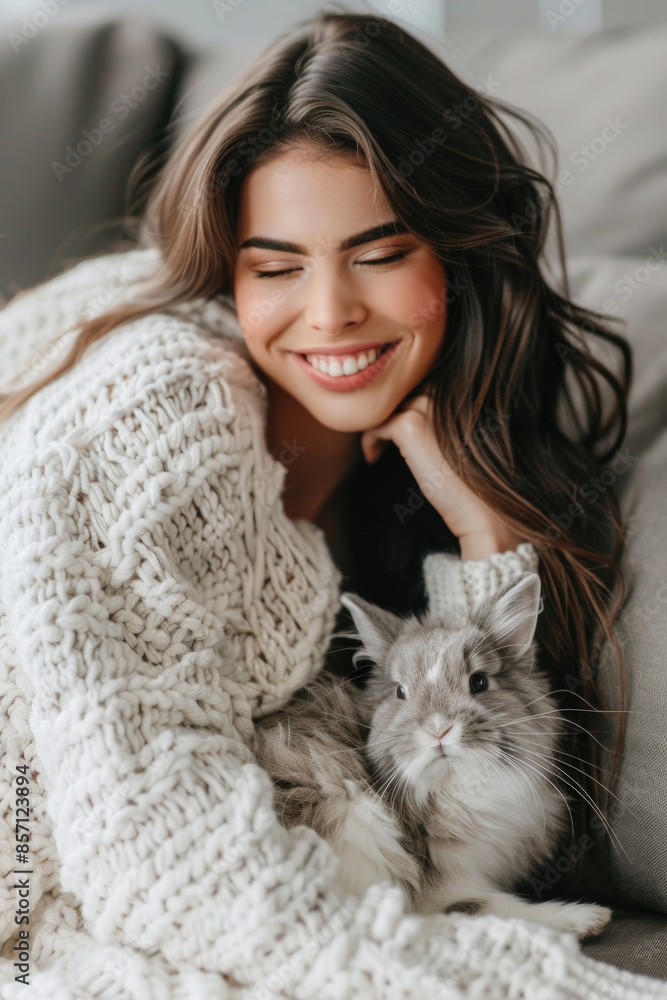 A woman in a white sweater smiles while holding a fluffy rabbit in her arms A woman in a white sweater smiles while holding a fluffy rabbit in her arms