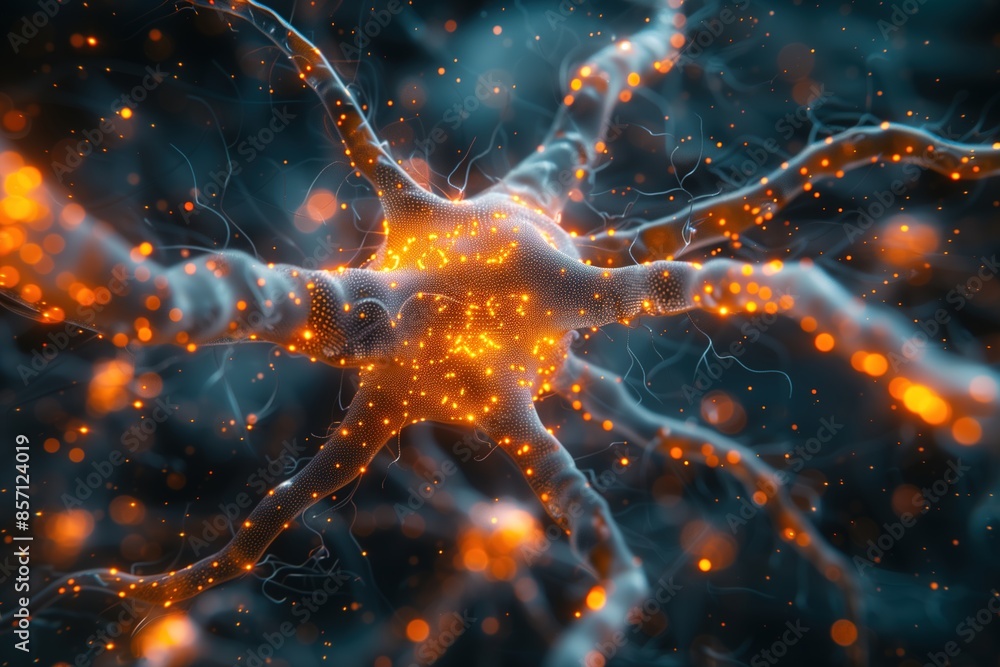A detailed digital illustration of a neuron with intricate dendrites ...