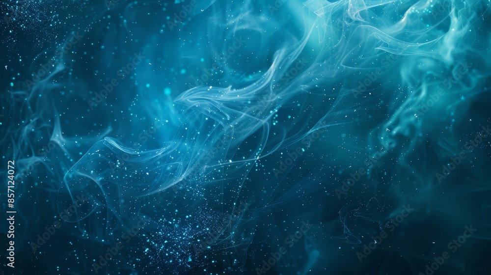 Gradient from dark teal to blue with smoke-like textures and glowing white particles background Gradient from dark teal to blue with smoke-like textures and glowing white particles background