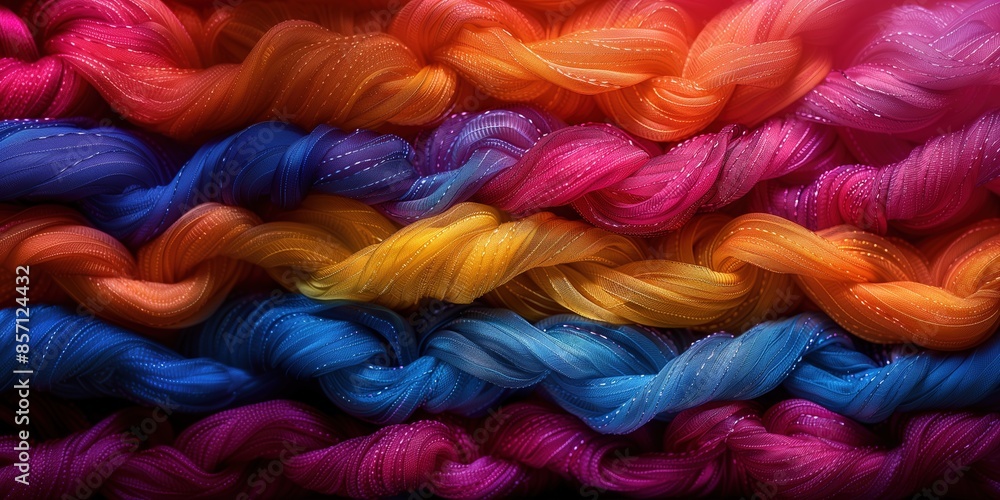 Vibrant, multicolored braided ropes arranged in a wave pattern, showcasing a spectrum of colors from orange to blue with subtle glittering details Vibrant, multicolored braided ropes arranged in a wave pattern, showcasing a spectrum of colors from orange to blue with subtle glittering details