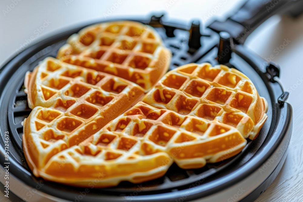 Two waffles being cooked in a kitchen appliance, suitable for food or lifestyle photography Two waffles being cooked in a kitchen appliance, suitable for food or lifestyle photography