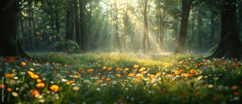 Obraz premium Sunbeams through Forest Glade.