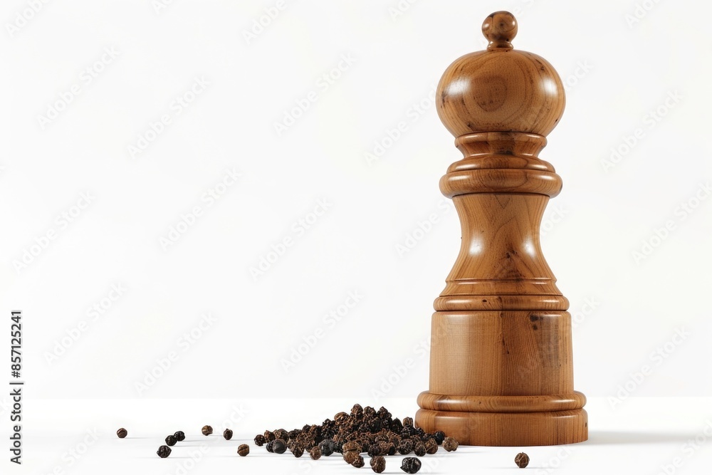 A wooden pepper mill sits next to a pile of pepper, perfect for adding flavor to your dishes A wooden pepper mill sits next to a pile of pepper, perfect for adding flavor to your dishes