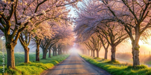 Tranquil scene of Misty Spring Lane with blossoming cherry trees and gentle morning mist, nature, serene