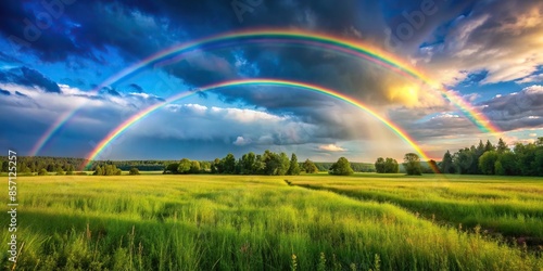 Rainbow stretching across a lush meadow, rainbow, meadow, nature, colorful, vibrant, serene, picturesque, landscape