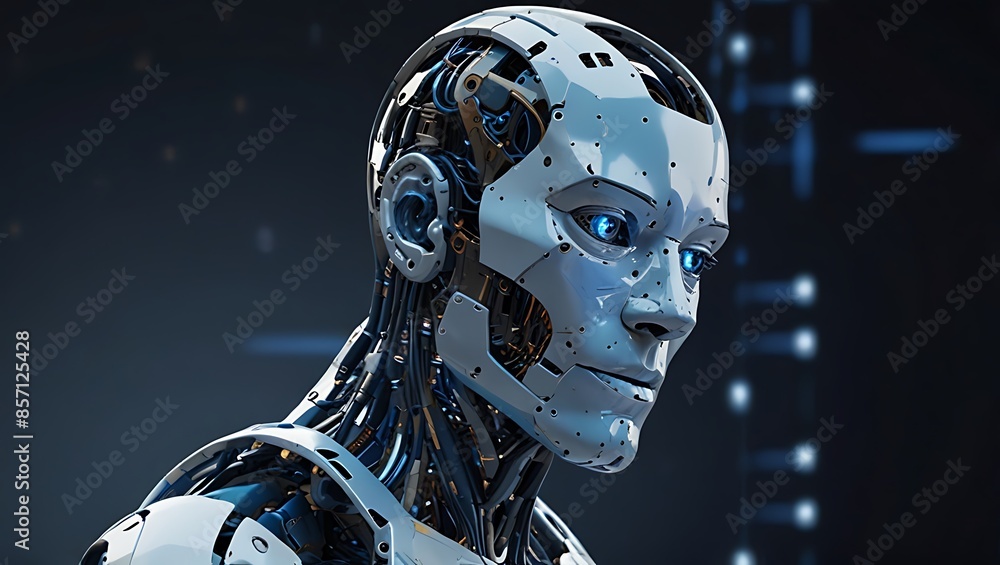 The image depicts a humanoid robot with one side for text The image depicts a humanoid robot with one side for text