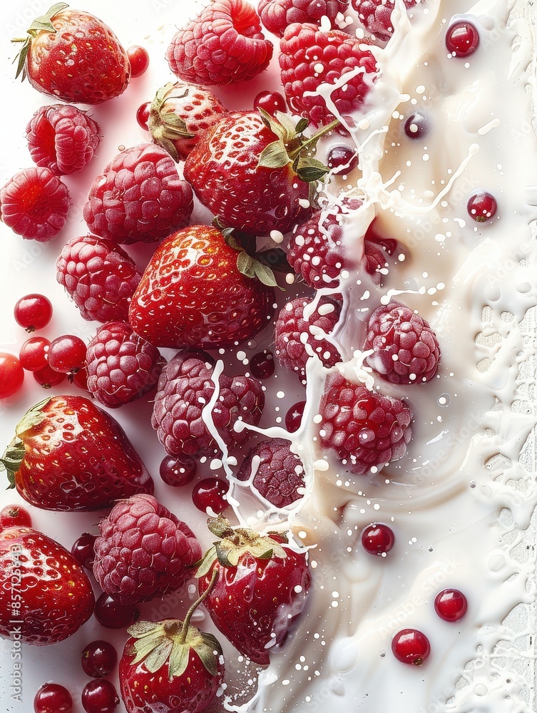 artistic milk splash, luscious strawberries, wide banner, open copy space artistic milk splash, luscious strawberries, wide banner, open copy space