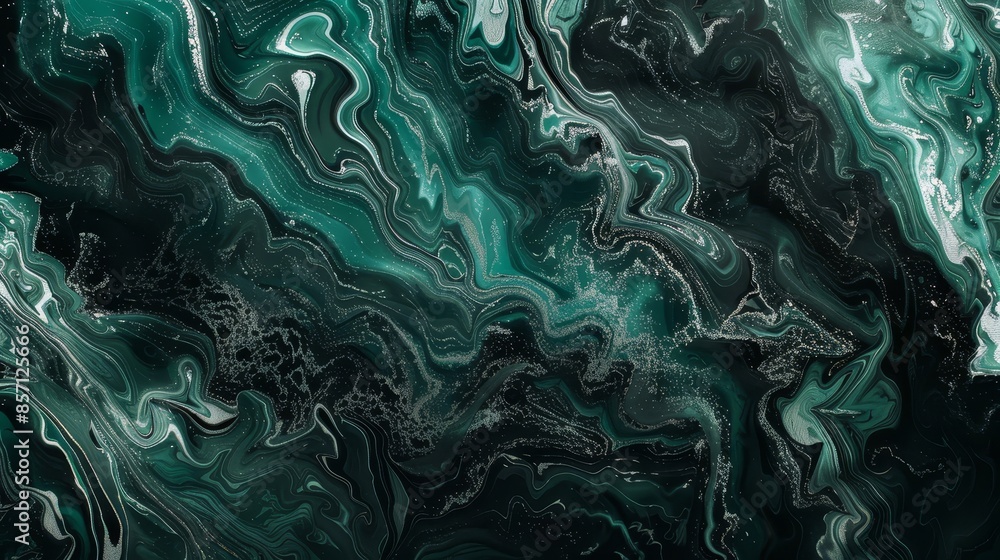 Emerald and black blend with wave-like textures and shimmering silver accents background Emerald and black blend with wave-like textures and shimmering silver accents background