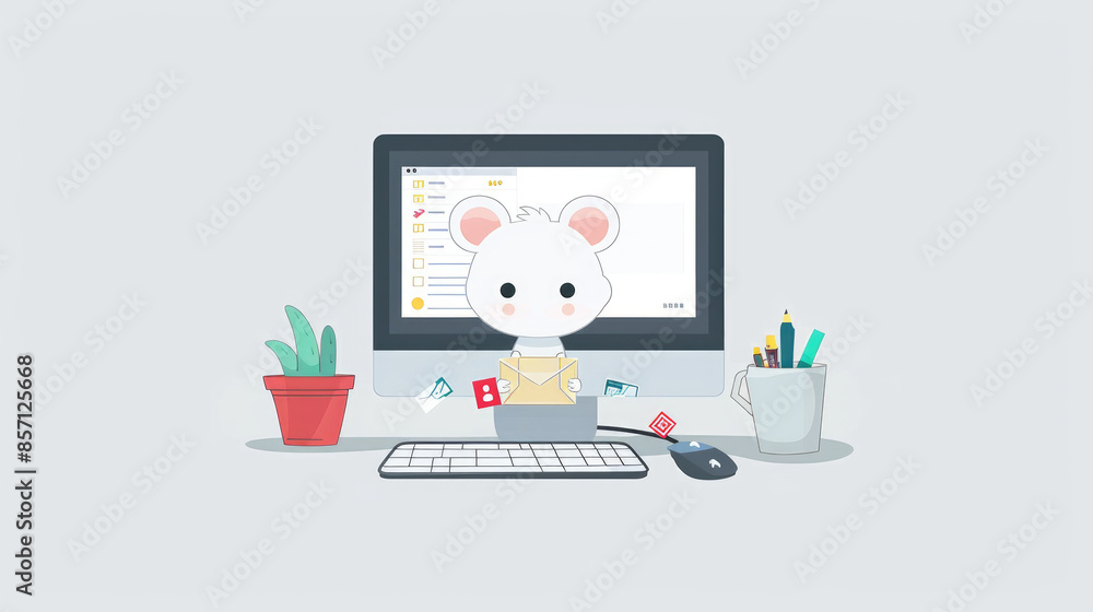 A white mouse with a pink bow sits at a computer holding an envelope. Next to it is a potted plant, mug of pens, and a wireless mouse A white mouse with a pink bow sits at a computer holding an envelope. Next to it is a potted plant, mug of pens, and a wireless mouse