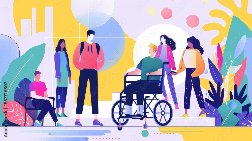 An illustration of a diverse group of people standing together, including a person in a wheelchair. The scene is set against a colorful abstract background An illustration of a diverse group of people standing together, including a person in a wheelchair. The scene is set against a colorful abstract background