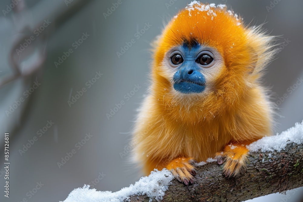 A Golden snub-nosed monkey sitting in a tree in a snowy forest, its bright blue face and golden fur stark against the white backdrop. A Golden snub-nosed monkey sitting in a tree in a snowy forest, its bright blue face and golden fur stark against the white backdrop.