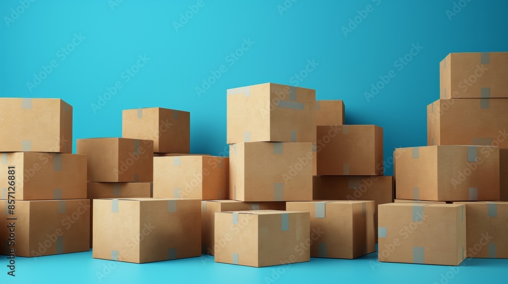 Stacked Cardboard Boxes Against Blue Background Stacked Cardboard Boxes Against Blue Background