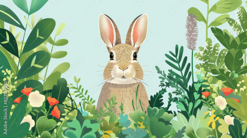 A brown rabbit with long ears peeks out from a vibrant, green, leafy background A brown rabbit with long ears peeks out from a vibrant, green, leafy background