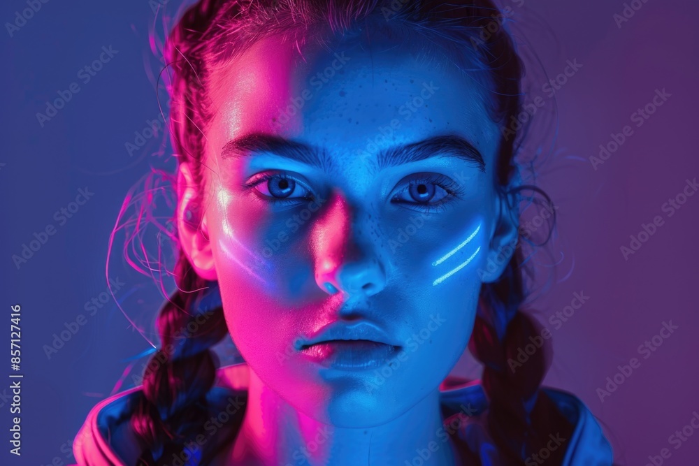 A person with glowing neon features, ideal for futuristic or sci-fi themed contexts A person with glowing neon features, ideal for futuristic or sci-fi themed contexts